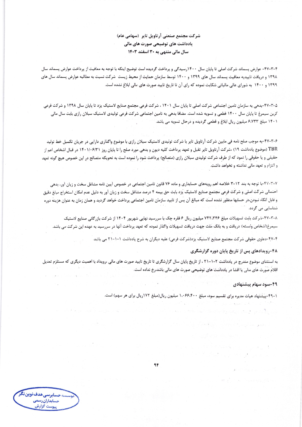 گزارش حسابرس مستقل و بازرس قانونی و صورت های مالی تلفیقی و جداگانه شرکت مجتمع صنعتی آرتاویل تایر (سهامی عام) در سال 1403